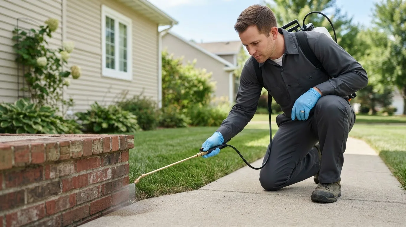 Pest control technician treating a home near Turtle Lake, WI